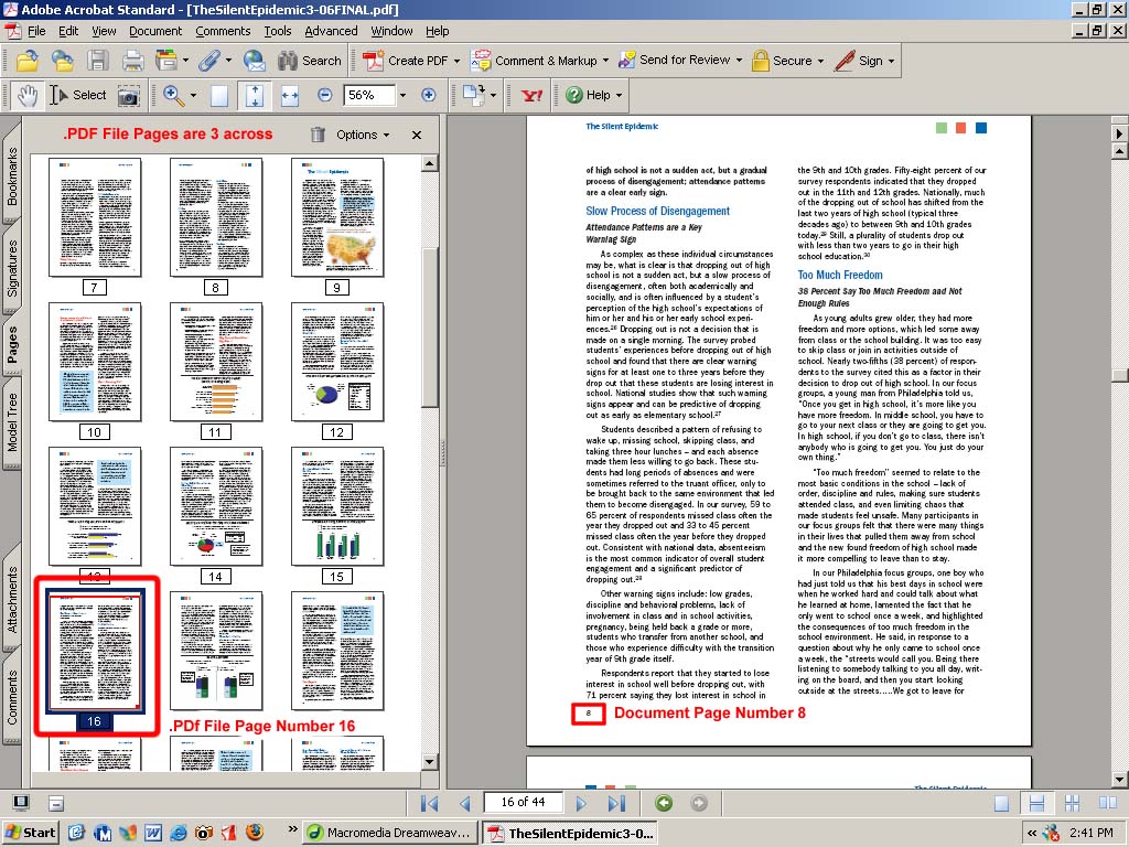 In Adobe Acrobat note how the .pdf file  page number is different than the  document page number.