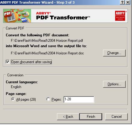 First work with the bottom half of the box to determine which  .pdf file pages  you want to work with and then the top half of the box to determine where you want to save the Word files. 